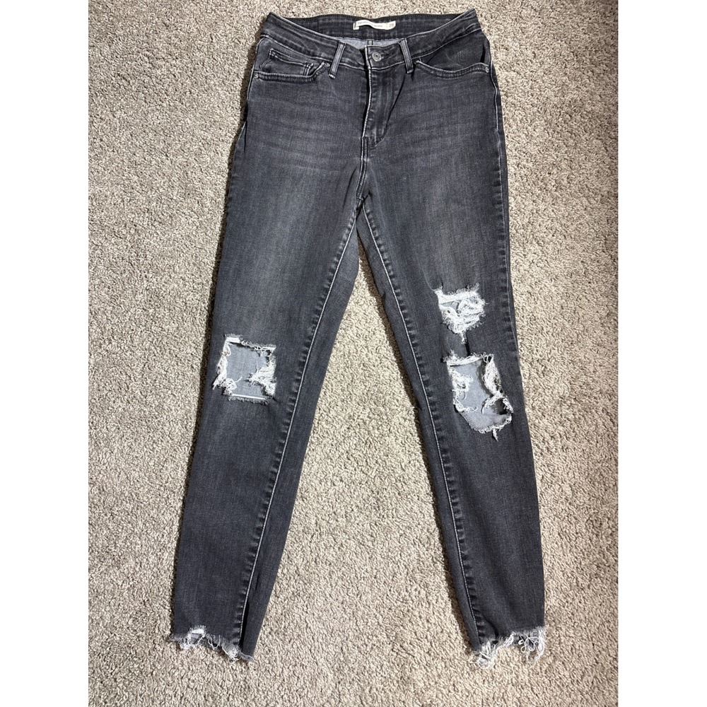Levis 711 Skinny Jeans Womens 28 Distressed Ripped Knee Frayed Hem‎ Black Denim